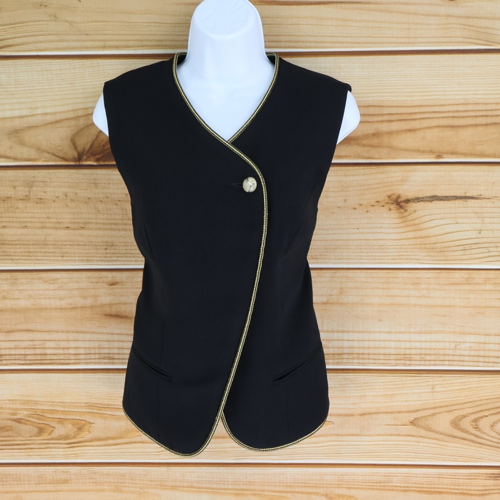 Andrew America Vest Womens Size 12 Black Gold Accents Button Up Lined NWT $49‎